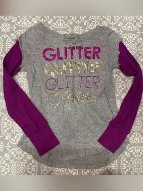P.S. Girls Gray Long Sleeve Shirt with Purple Glitter Sleeves Size 10